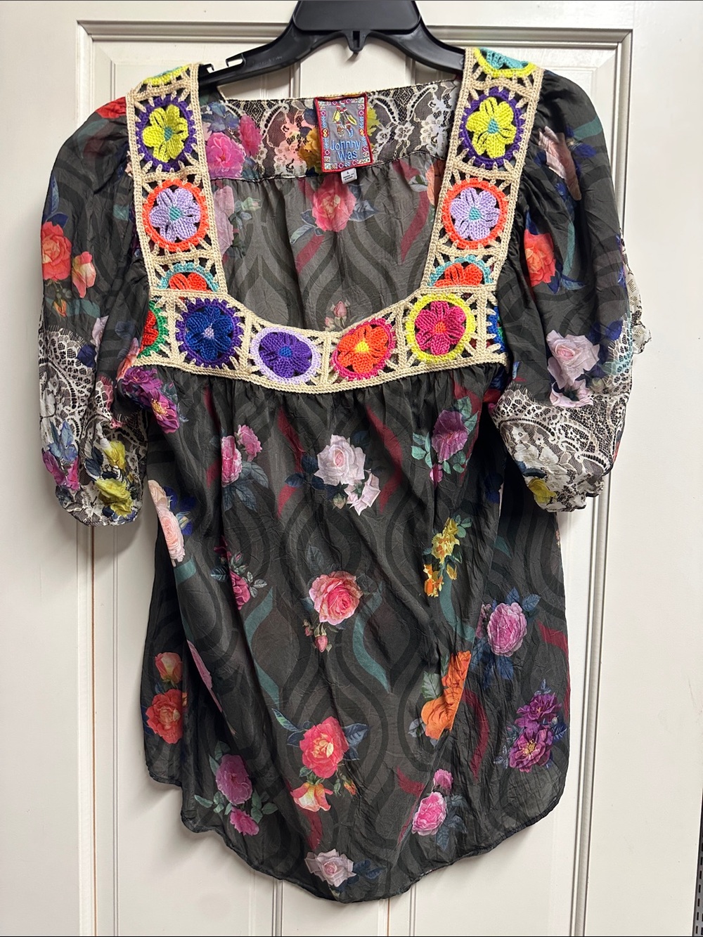 Johnny Was Black Floral Blouse with Multicolor Crochet Square Neck